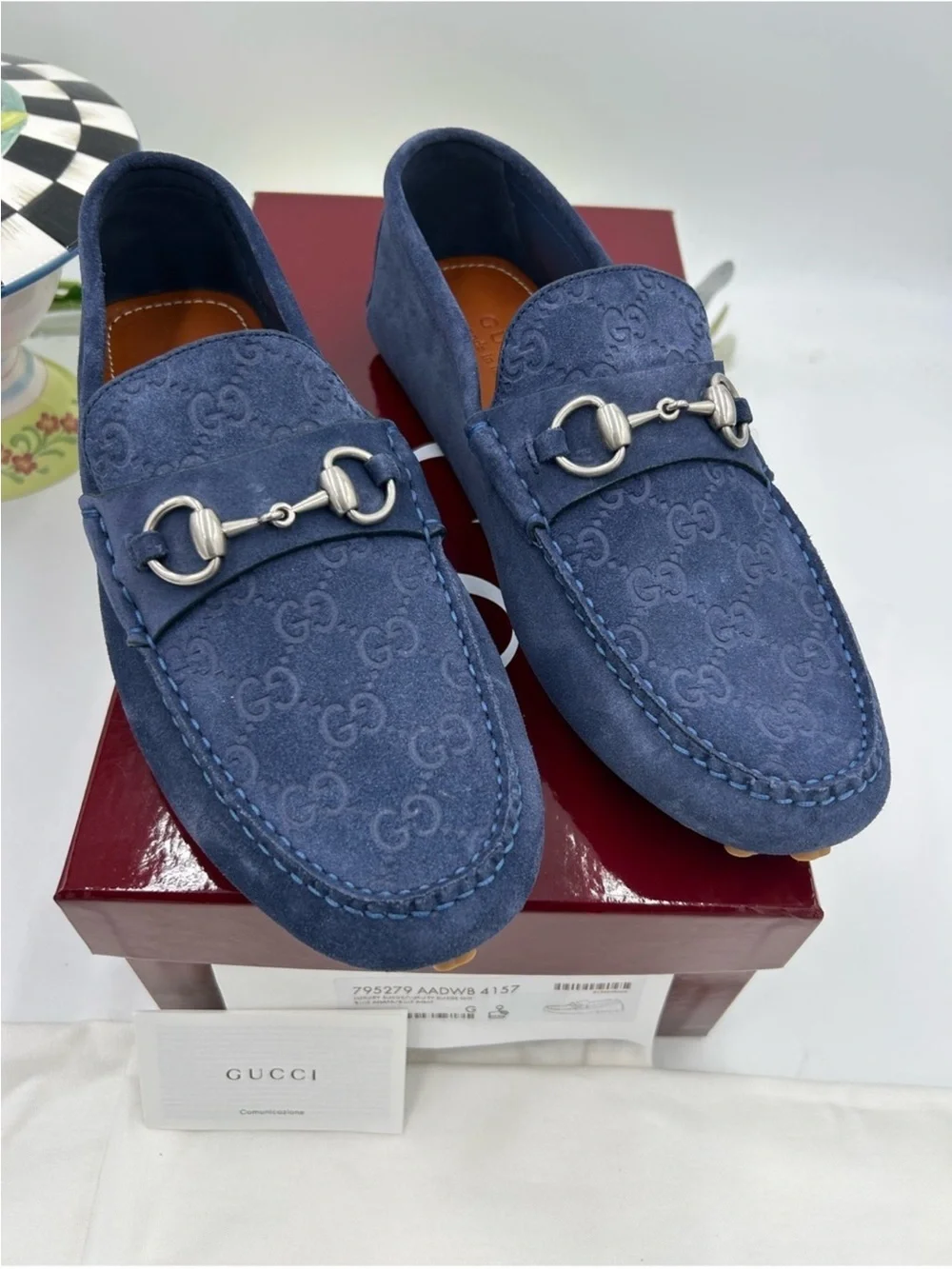 Men’s Gucci GG embossed blue suede driver loafer size 9 fits 10 US made in Italy